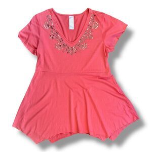 Avon Watermelon Pink Flutter Sleeve Studded Embellished Peplum Tunic Sz XL